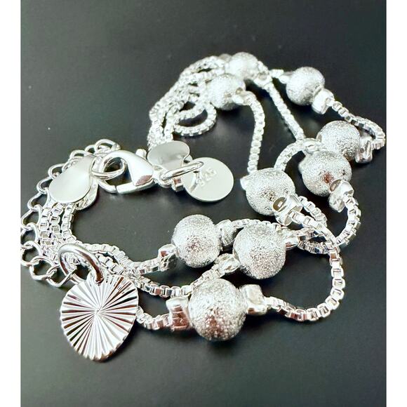 Women's 925 Sterling Silver 3-Layer Chain Dainty Bracelet Frosted Ball Bead 20CM - Picture 4 of 5